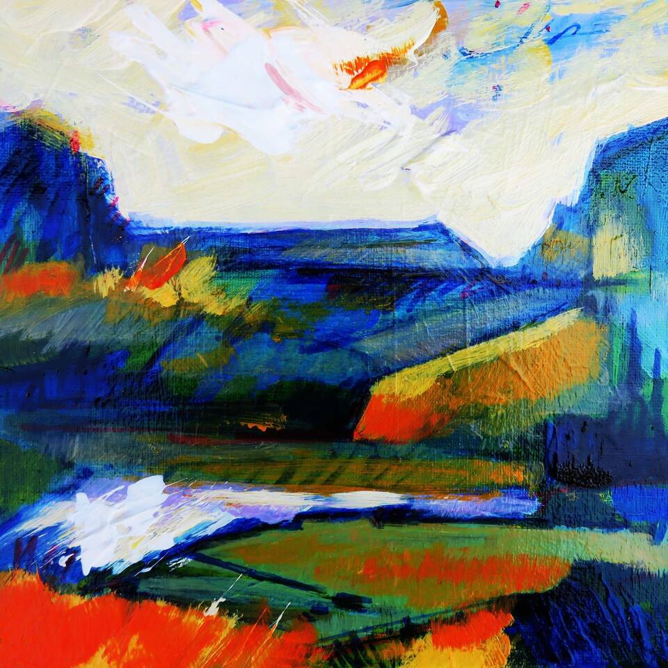 Graham Cox RCA  'Landscape with Stream Study A' Oil on canvas 20cms x 20cms