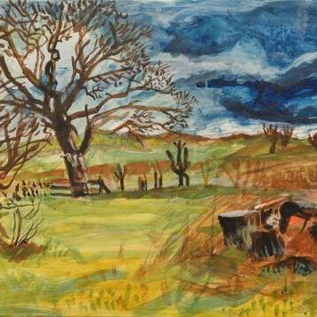 Stephen West RCA Sycamores and felled tree 1230 egg tempera 46x77cm