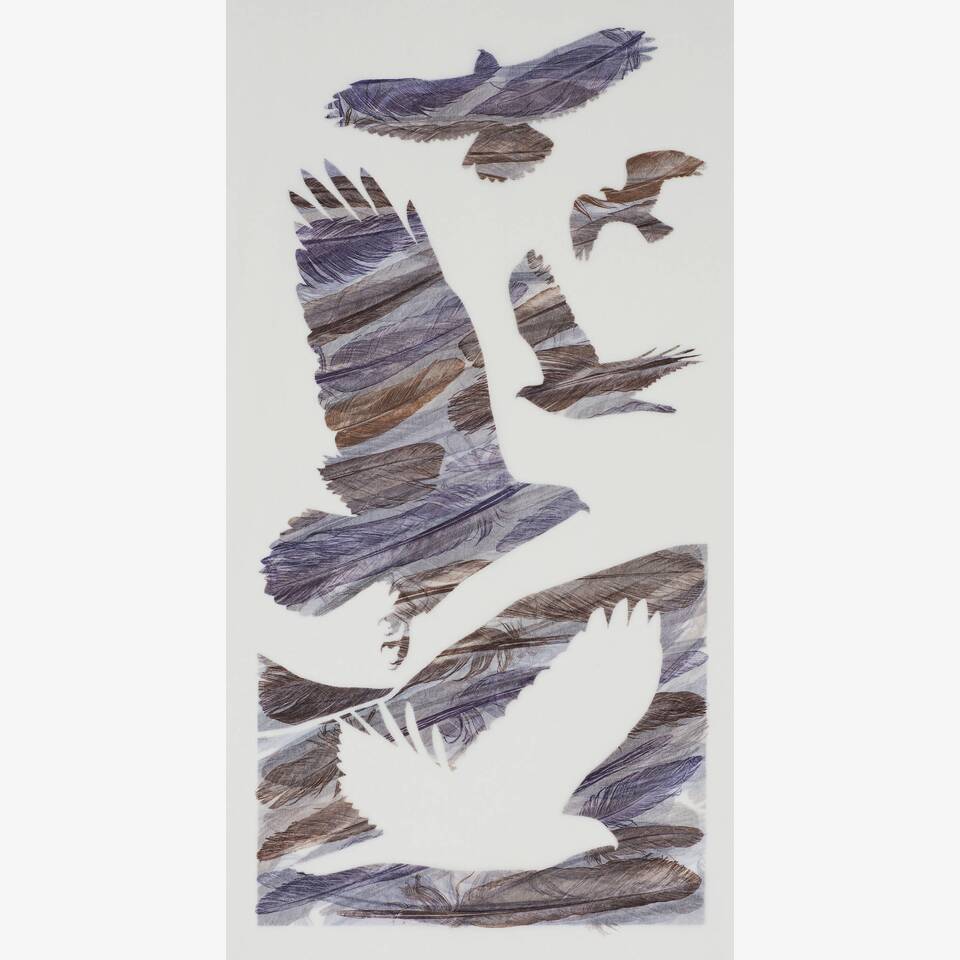 RUTH THOMAS 'ASCEND AND GLIDE' ORIGINAL PRINT WITH FEATHERS AND STENCILS ON JAPANESE PAPER 70 X50 CM £900