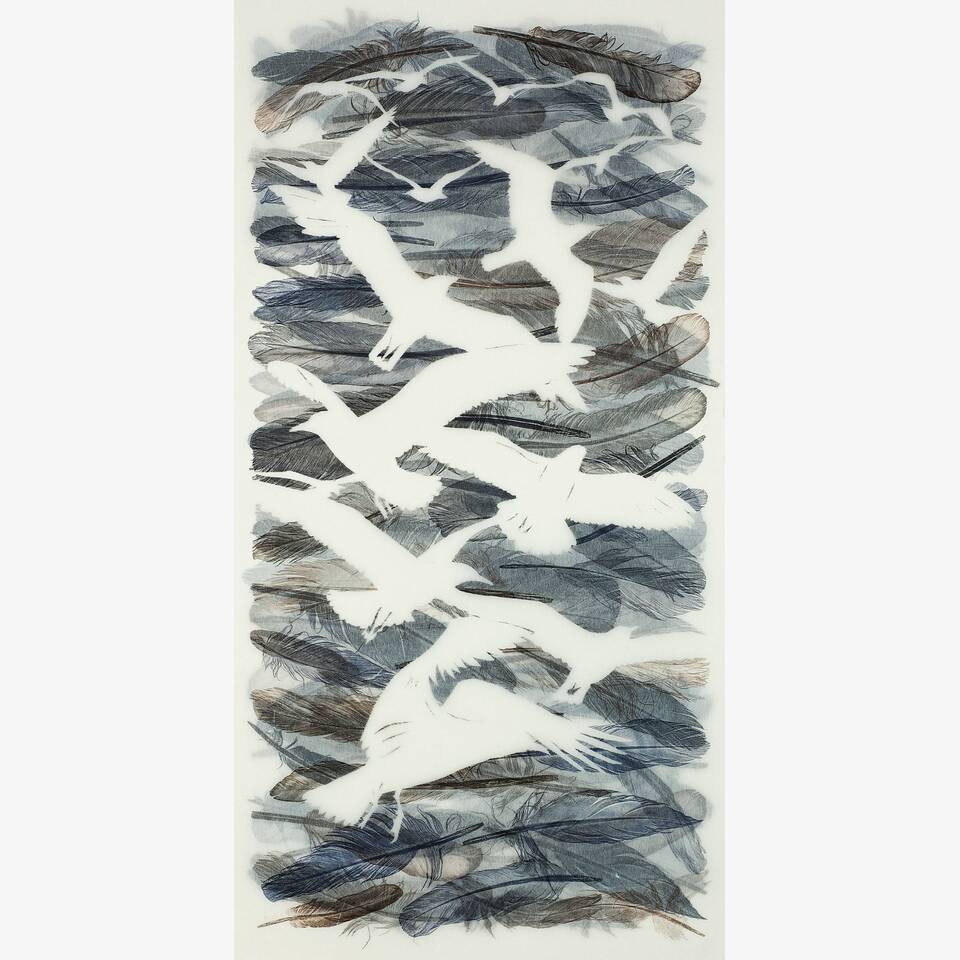 RUTH THOMAS 'GULLS WHEEL AND SOAR LIGHT AGAINST THE DARKER GREY CLOUD' ORIGINAL PRINT USING FEATHERS AND STENCILS ON JAPANESE PAPER 74 X49 CM £900
