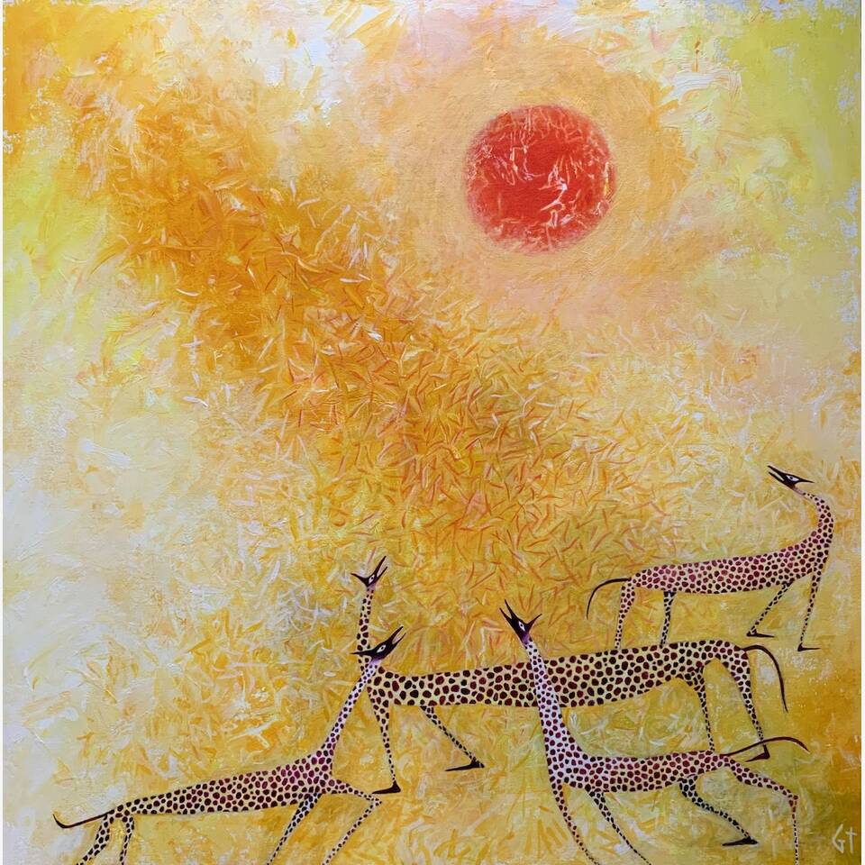 GILLY THOMAS 'UNDER THE SUN' ACRYLIC AND OIL ON CALICO PANEL61 X61 CM £850