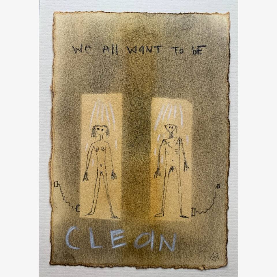 GILLY THOMAS 'WE ALL WANT TO BE CLEAN' MIXED MEDIA ON PAPER 16 X11 CM £300
