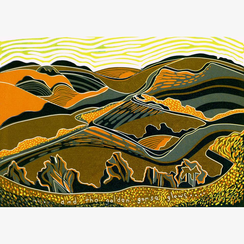 JENNY FORD 'AND THE GOLDEN GORSE GLOWS' LINOCUT 37 X45 CM £190