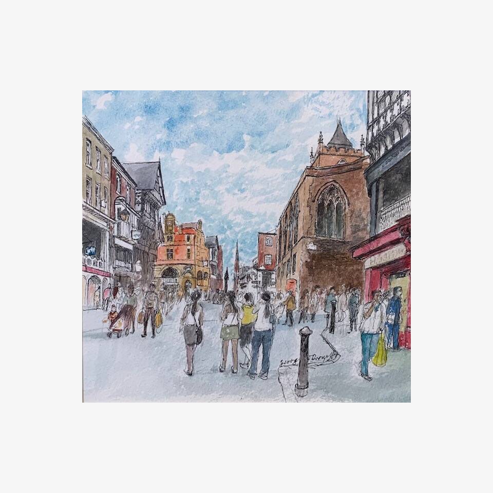 GEORGE DROUGHT - THE CROSS CHESTER, WATERCOLOUR, 36X36CM, £85