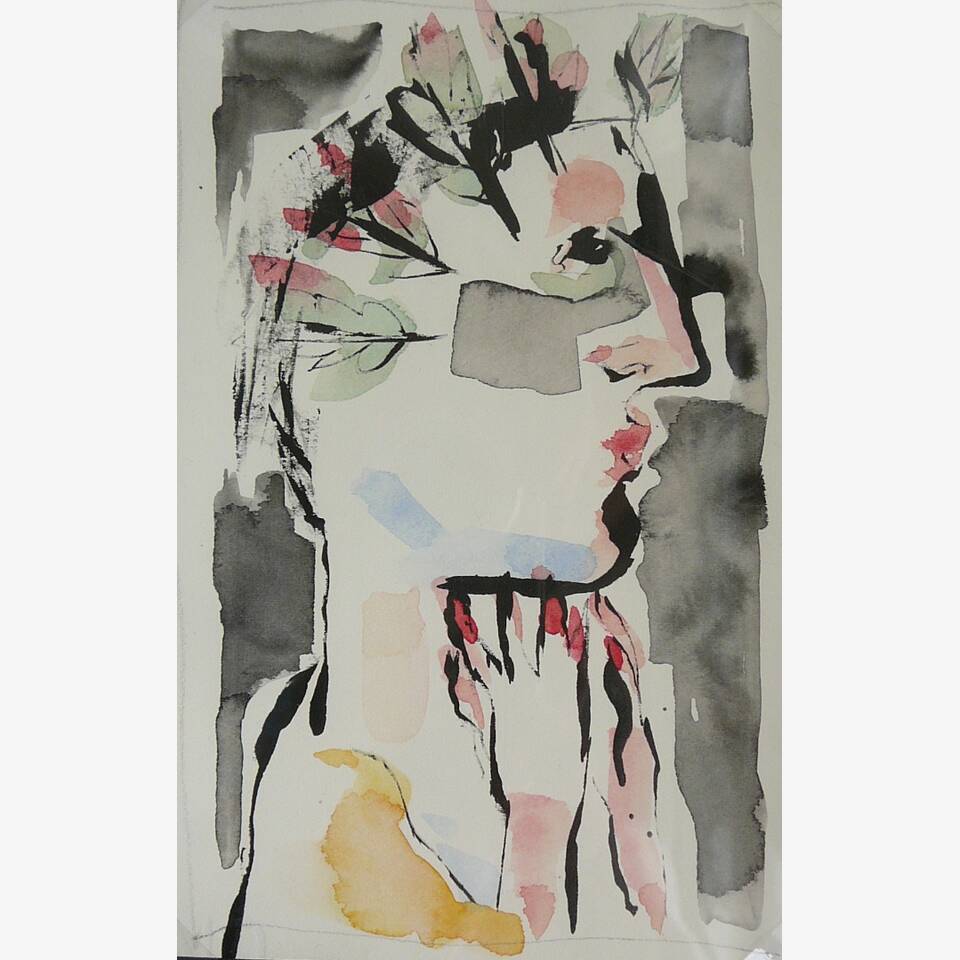 KEITH BAYLISS - SMALL HEAD WITH CLASPED HANDS, INK AND WATERCOLOUR, 16X10CM, £295
