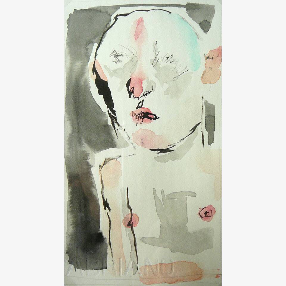 KEITH BAYLISS - SMALL SEATED FIGURE FULL FACE, INK AND WATERCOLOUR, 17X9.5CM, £295