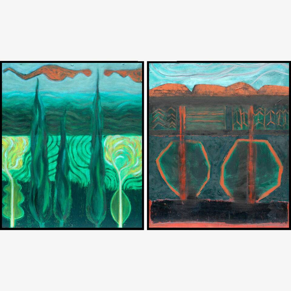 NOELLE GRIFFITHS - TALL TREES OF DREAM ,TALL TREES OF OIL DIPTYCH, OIL ON BOARD, 69X120CM, £1,200