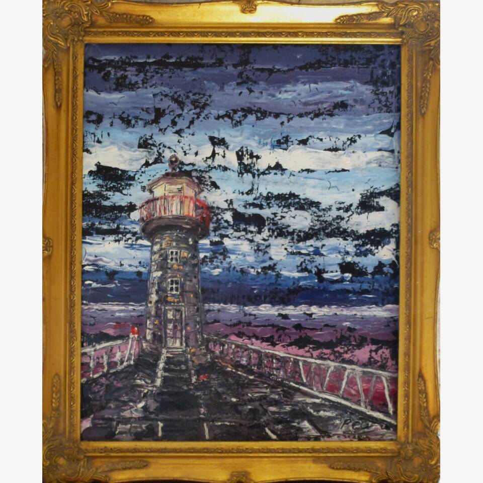 PEA RESTALL - THE END WHITBY PIER, OIL PAINT ON BOARD, 60X49CM, £495