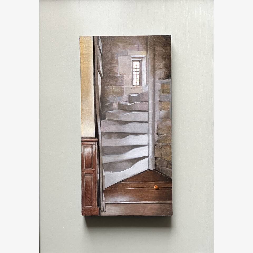 PETER WELFORD - STILL LIFE WITH NEWEL STAIR, OIL ON PANEL, 36X48CM £|1,800