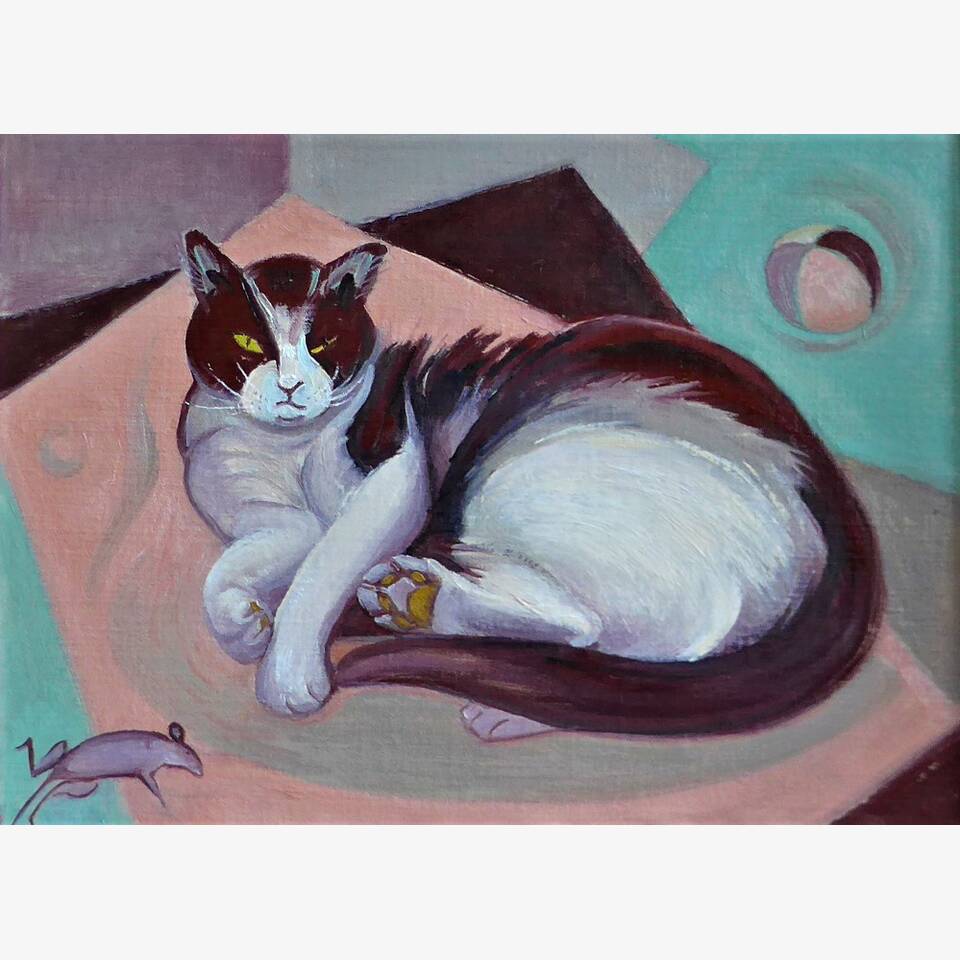 PHILLIPA JACOBS - OMNIPOTENT CAT, OIL ON CANVAS, 43X53CM, £350