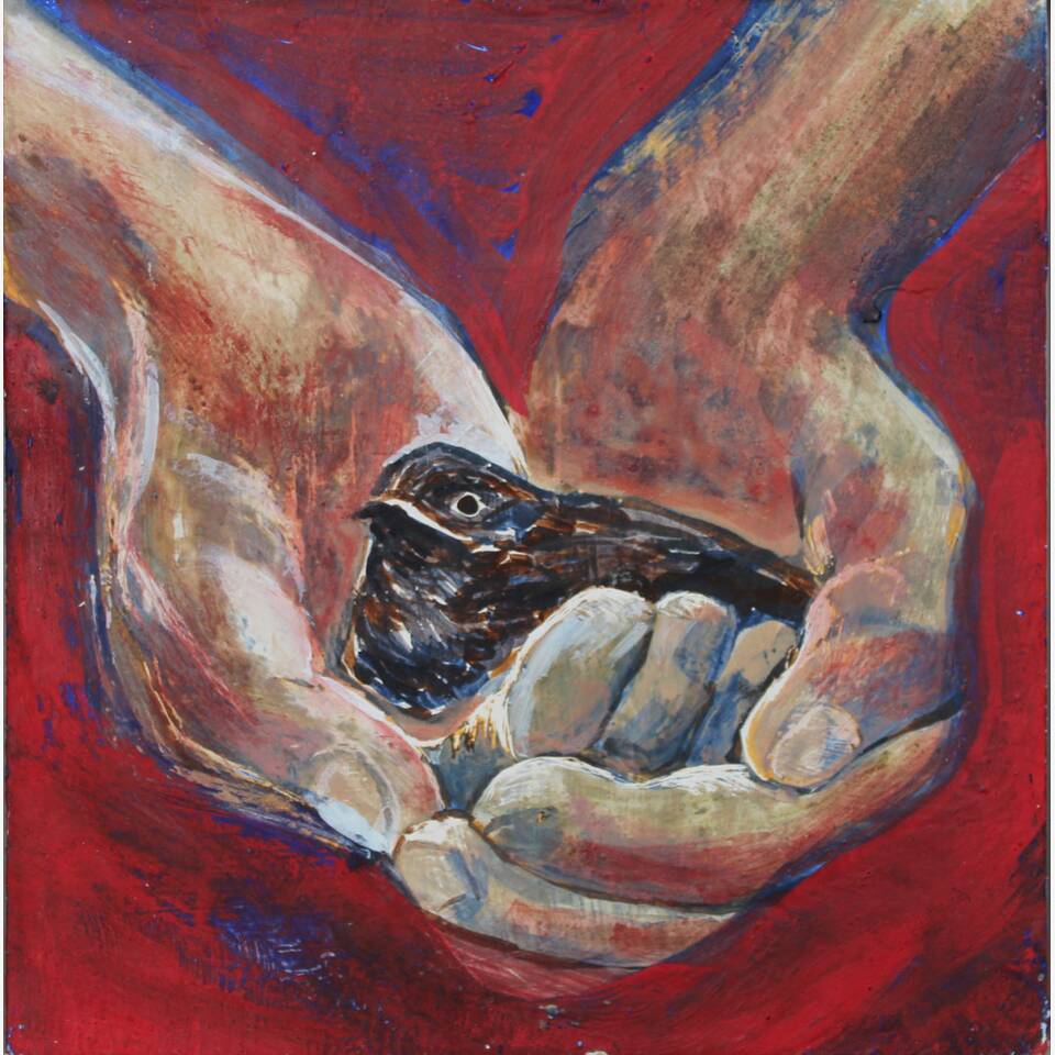 SUSAN NUGENT - A BIRD IN THE HAND III, EGG TEMPERA ON A GESSO GROUND, 20X20CM, £439