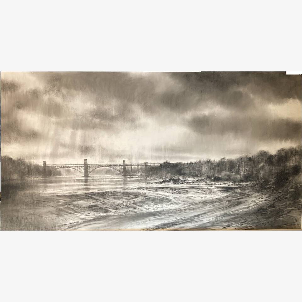 JEREMY YATES - EVENING ON THE STRAIT II, CHARCOAL ON BOARD, 68X192CM, £950