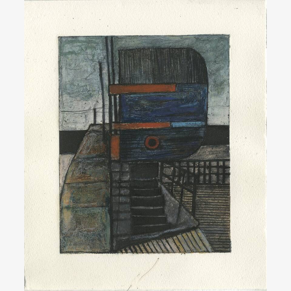 PAUL CROFT - HARBOURSIDE FISHERY: ANNALONG I, DRYPOINT, WATERCOLOUR, PENCIL AND OIL PASTEL ON HANEMÜHLE PAPER, 30X24CM £125