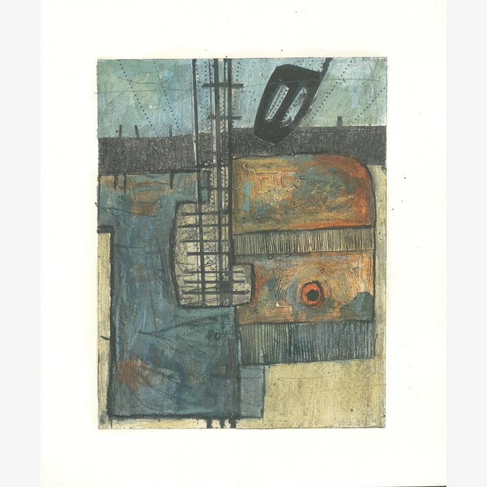 PAUL CROFT - HARBOURSIDE FISHERY: ANNALONG II, DRYPOINT PEN, WATERCOLOUR, PENCIL AND OIL PASTEL ON HANEMÜHLE PAPER, 30X24CM £125