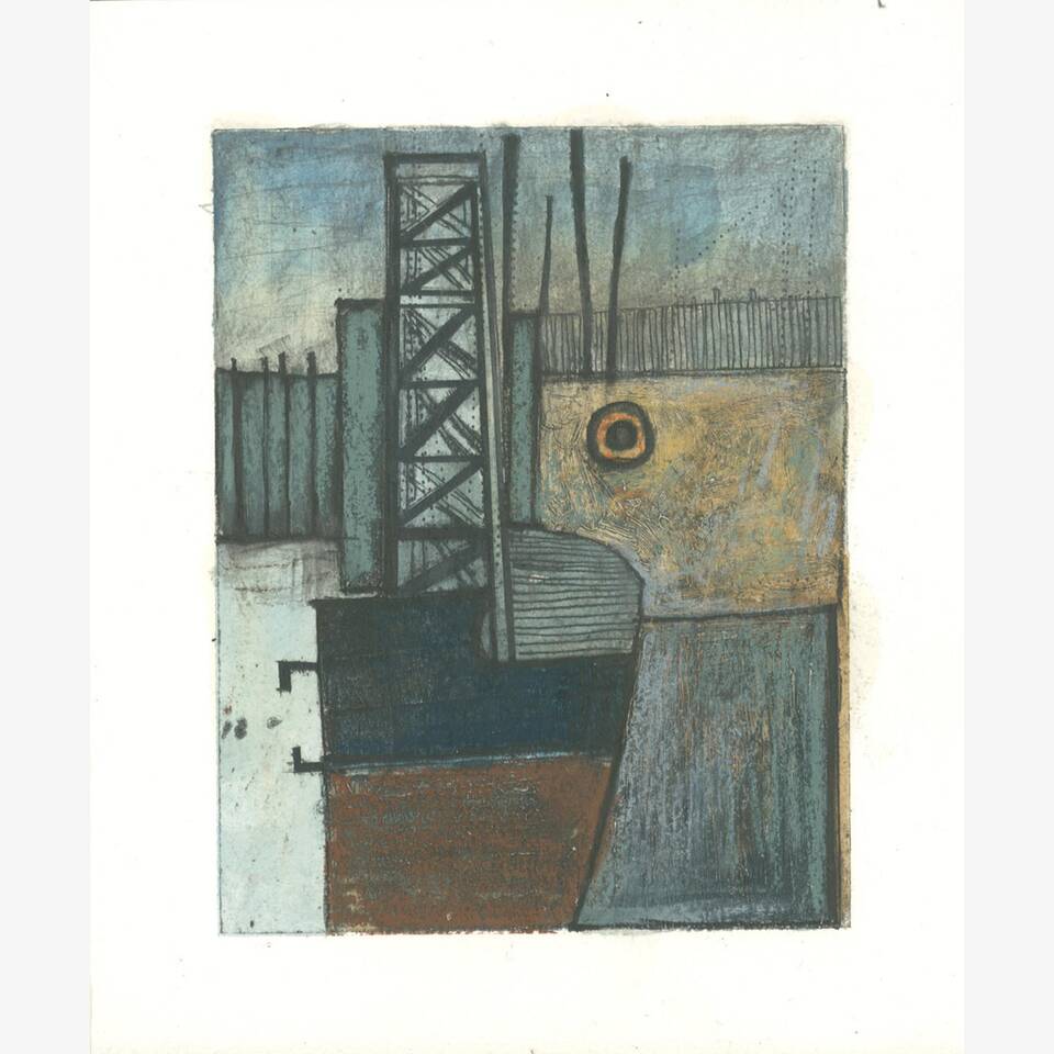 PAUL CROFT - HARBOURSIDE FISHERY: ANNALONG III, DRYPOINT PEN, WATERCOLOUR, PENCIL AND OIL PASTEL ON HANEMÜHLE PAPER, 30X24CM £125