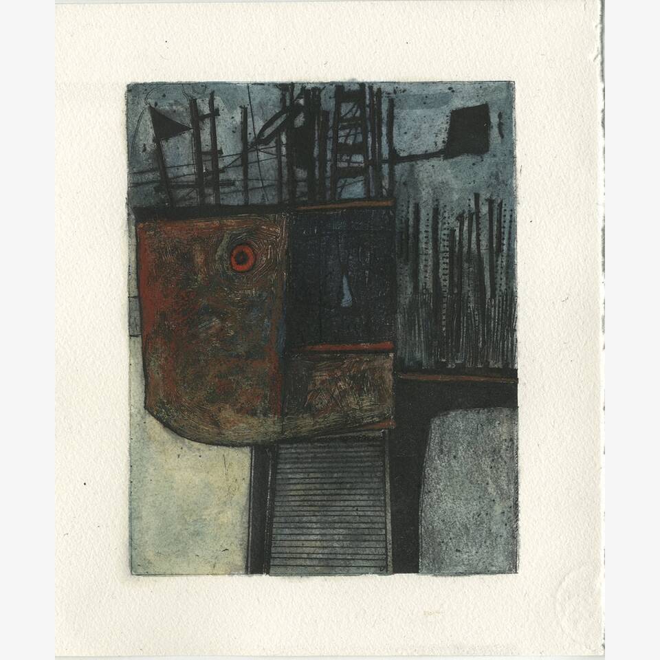 PAUL CROFT - HARBOURSIDE FISHERY: KILKEEL I, DRYPOINT, WATERCOLOUR, PENCIL AND OIL PASTEL ON HANEMÜHLE PAPER, 30X24CM £125