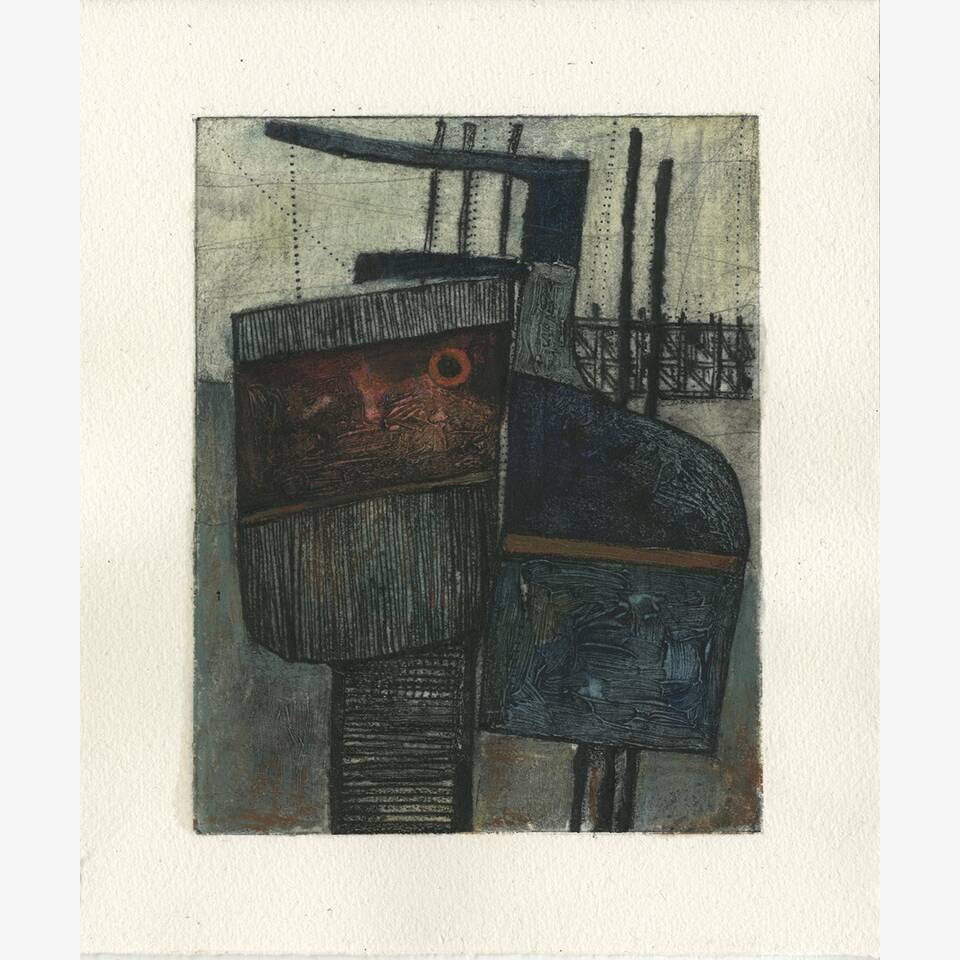 PAUL CROFT - HARBOURSIDE FISHERY: KILKEEL II,DRYPOINT PEN, WATERCOLOUR, PENCIL AND OIL PASTEL ON HANEMÜHLE PAPER, 30X24CM £125