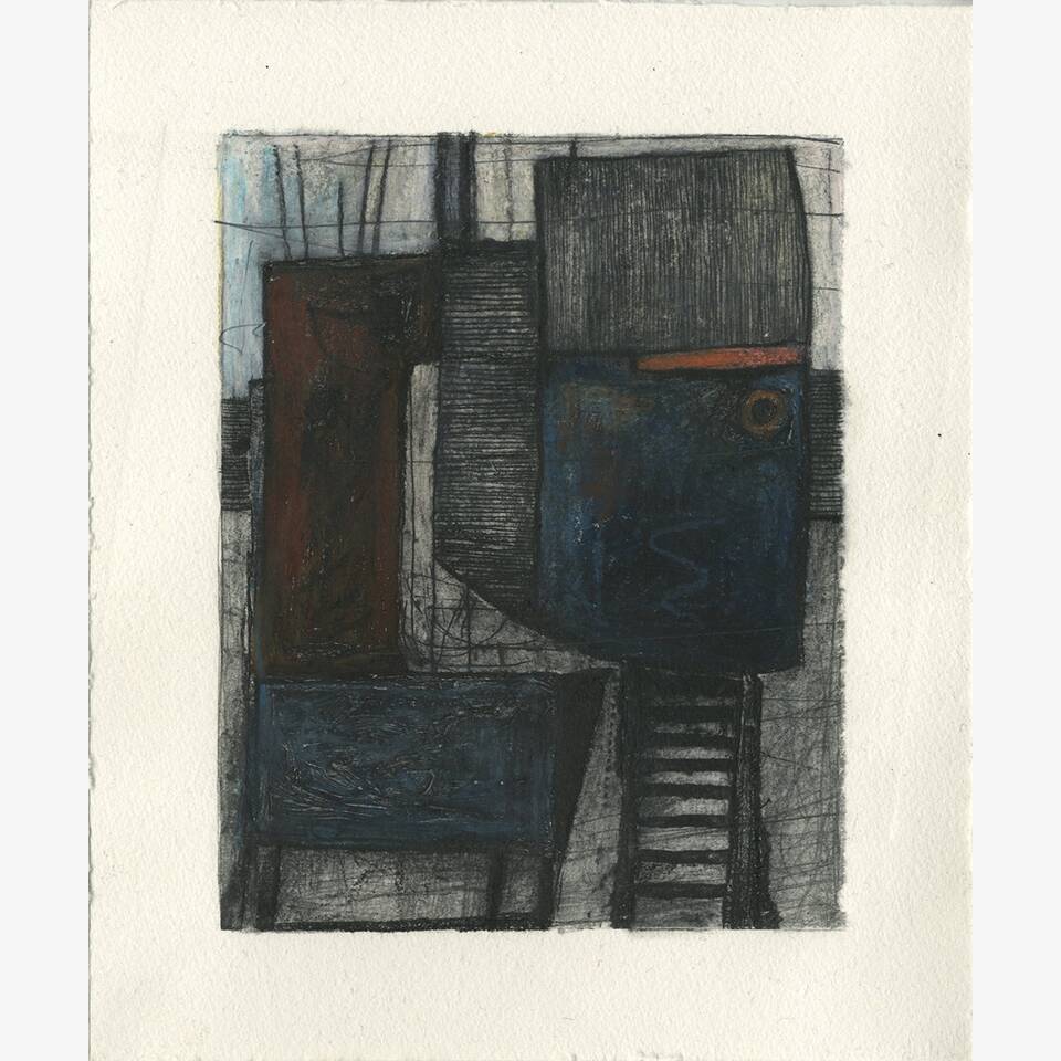 PAUL CROFT - HARBOURSIDE FISHERY: KILKEEL III, DRYPOINT, WATERCOLOUR, PENCIL AND OIL PASTEL ON HANEMÜHLE PAPER, 30X24CM £125