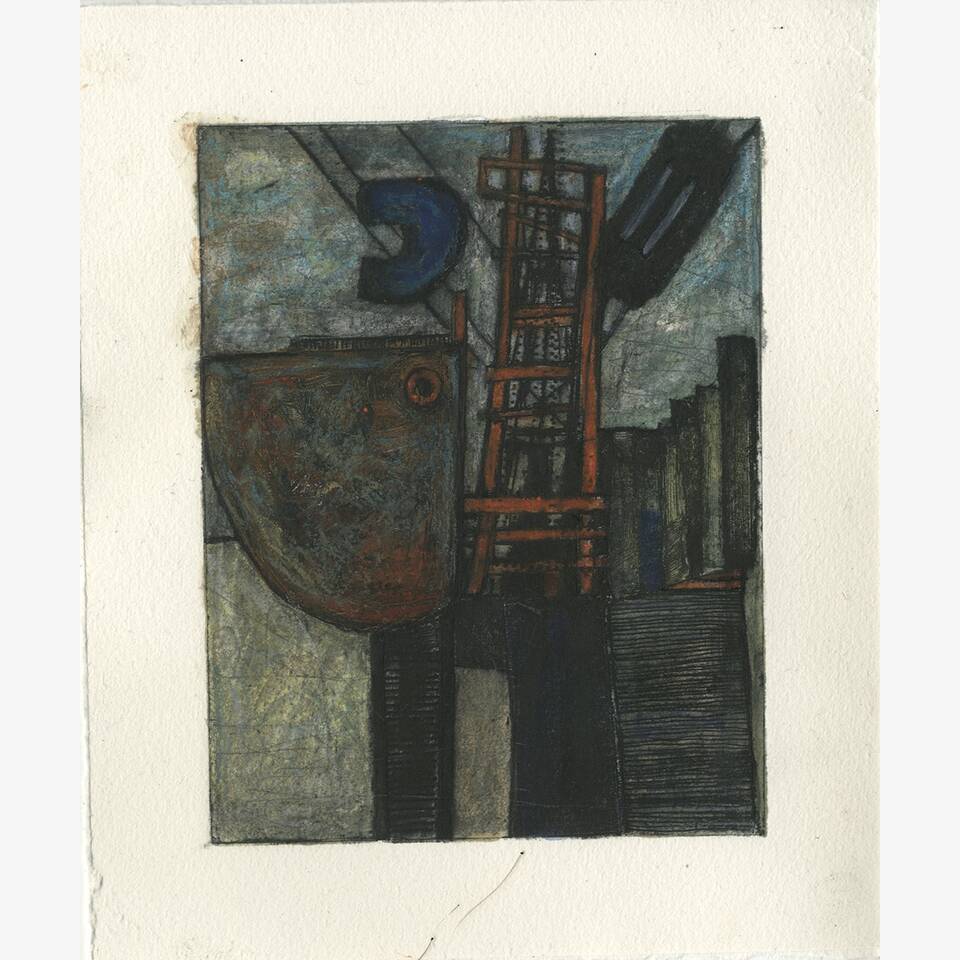 PAUL CROFT - HARBOURSIDE FISHERY: KILKEEL IV, DRYPOINT PEN, WATERCOLOUR, PENCIL AND OIL PASTEL ON HANEMÜHLE PAPER, 30X24CM £125