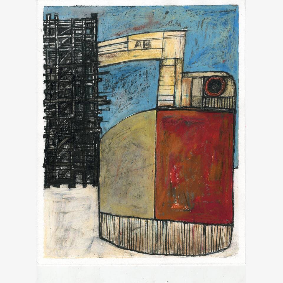 PAUL CROFT - QUAYSIDE CONSTRUCT: DOCK, INK AND OIL PASTEL ON PAPER, 58X50CM, £175