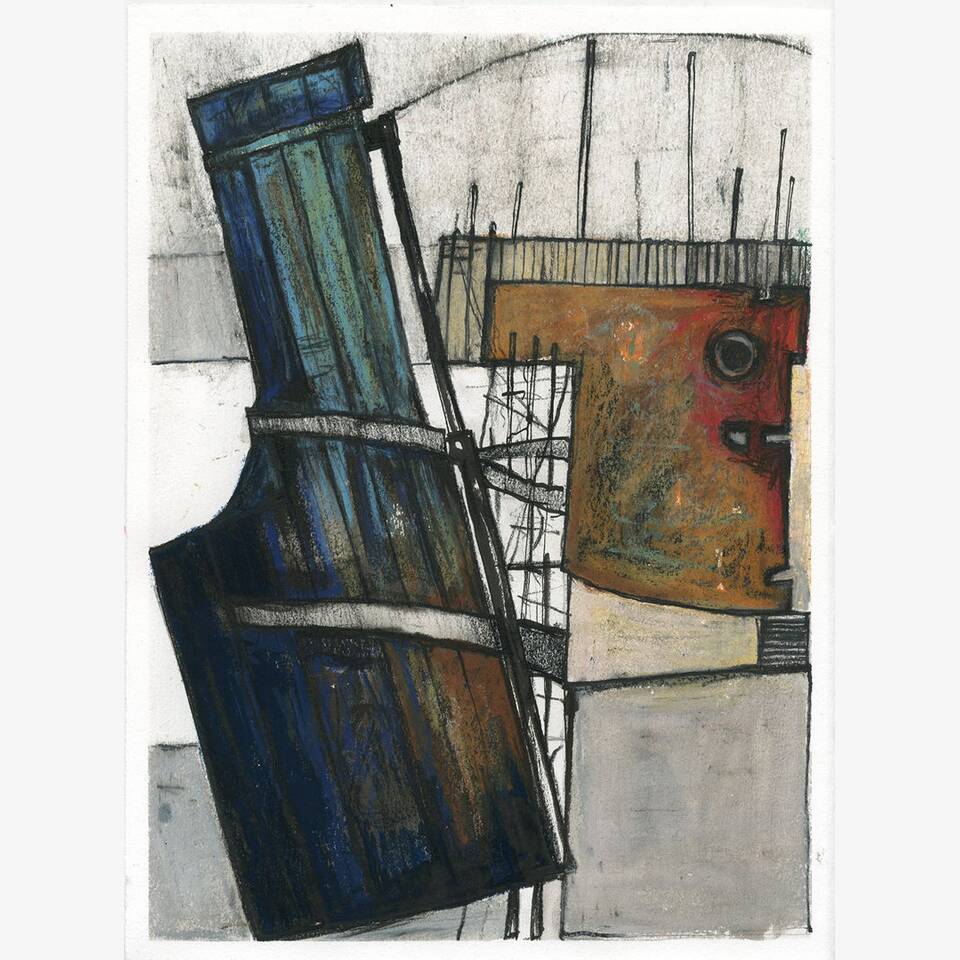 PAUL CROFT - QUAYSIDE CONSTRUCT. DRY DOCK HIGH, INK AND OIL PASTEL ON PAPER, 58X50CM £175