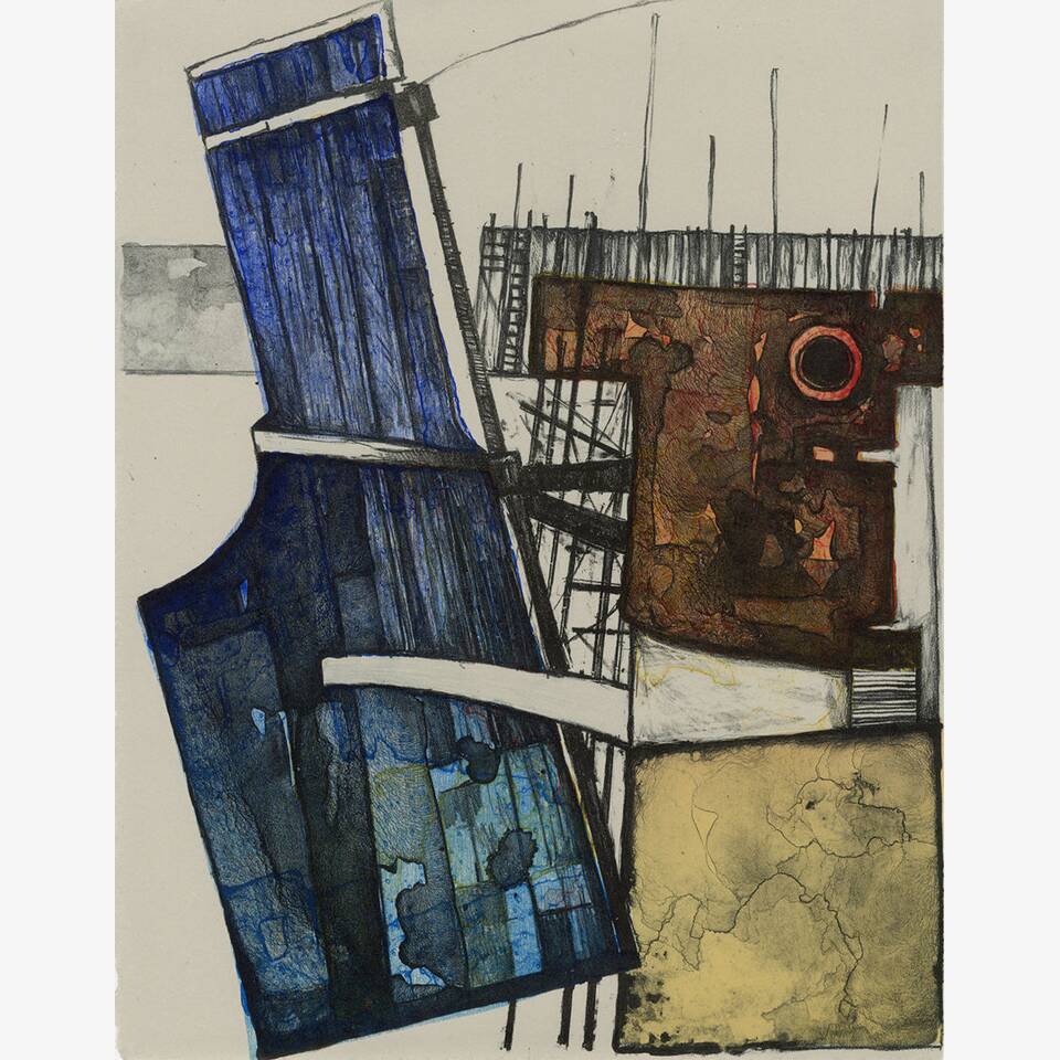 PAUL CROFT - QUAYSIDE CONSTRUCT: DRY DOCK HIGH, LITHOGRAPH ON RIVES PAPER, 58X50CM, £250