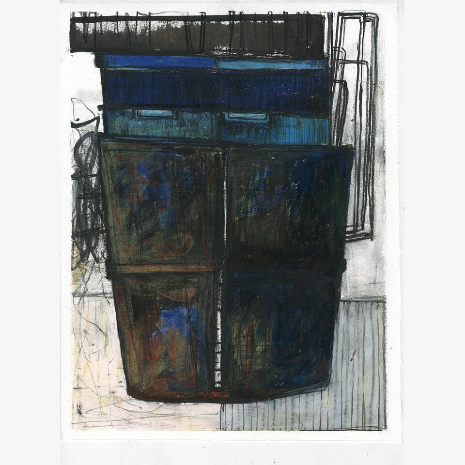 PAUL CROFT - QUAYSIDE CONSTRUCT. MIDNIGHT BLUE, INK AND OIL PASTEL ON PAPER, 58X50CM £175