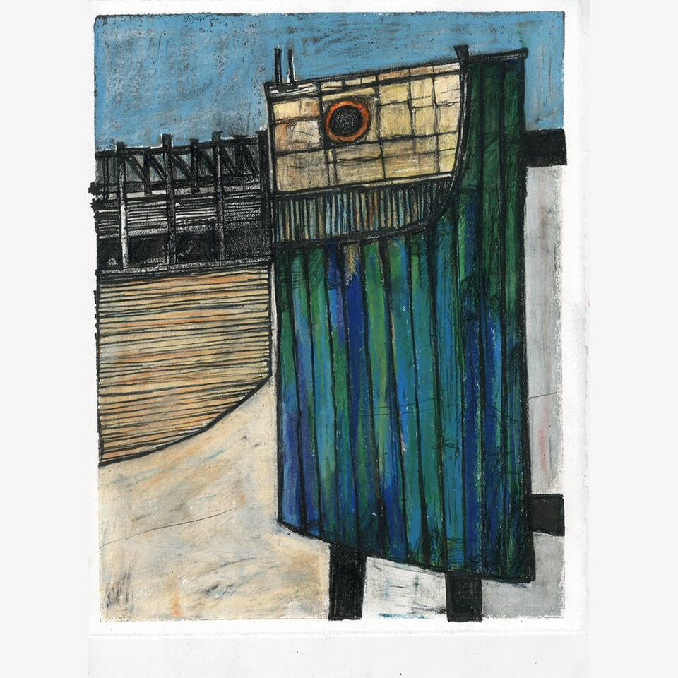 PAUL CROFT - QUAYSIDE CONSTRUCT: MOORING, INK AND OIL PASTEL ON PAPER, 58X50CM, £175