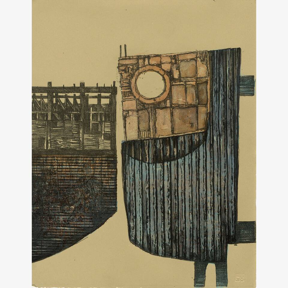 PAUL CROFT - QUAYSIDE CONSTRUCT: MOORING, LITHOGRAPH ON RIVES PAPER, 58X50CM, £250