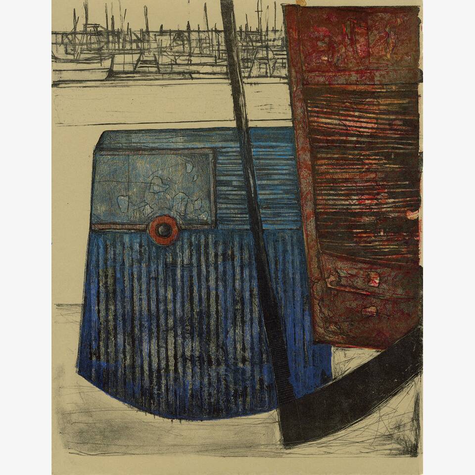 PAUL CROFT - QUAYSIDE CONSTRUCT: PORT SIDE BLUE, LITHOGRAPH ON RIVES PAPER, 58X50CM, £250