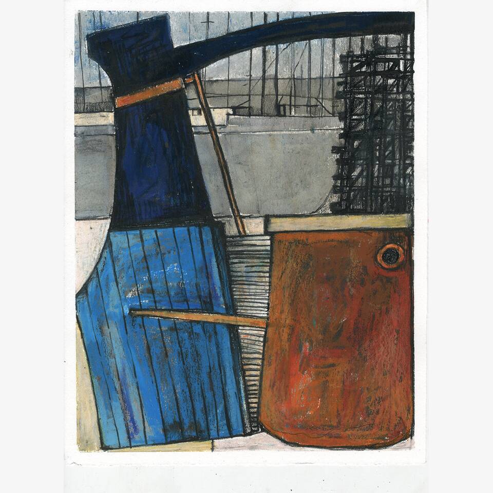 PAUL CROFT - QUAYSIDE CONSTRUCT: TILLER BLUE, INK AND OIL PASTEL ON PAPER, 58X50CM, £175