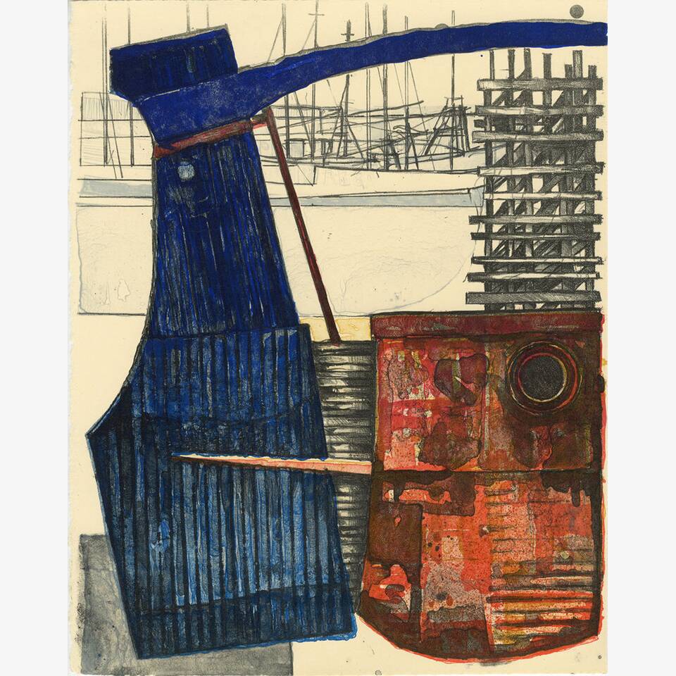 PAUL CROFT - QUAYSIDE CONSTRUCT: TILLER BLUE, LITHOGRAPH ON RIVES PAPER, 58X50CM, £250