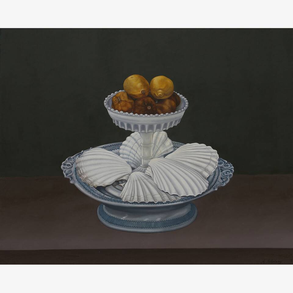 ALAN SALISBURY - DRIED LEMONS AND OYSTER SHELLS, OIL ON BOARD, 51X63CM, £1,950