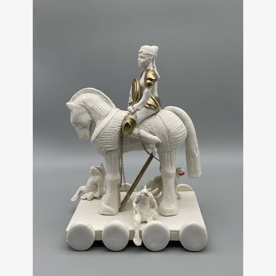 PAMELA JONES - CASSANDRA AND THE CREATURES FROM THE TROJAN HORSE, PORCELAIN MIXED MEDIA SCULPTURE, 26X18X12CM £4,898