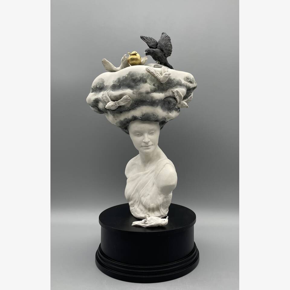 PAMELA JONES - DISCORDIA IN CLOUD CUCKOO LAND, PORCELAIN MIXED MEDIA SCULPTURE, 34X16CM £1,895