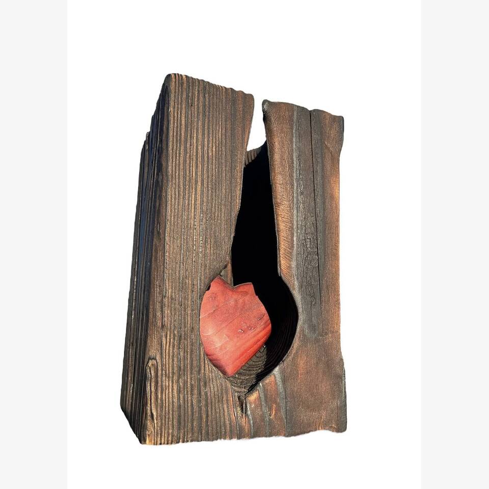 GLEN FARRELLY ARCA 'CARIAD AUR PRECIOUS DARLING' 25 X 17 X 17 RECLAIMED PINE YAKISUGI TECHNIQUE CARVED IN FIRE £299