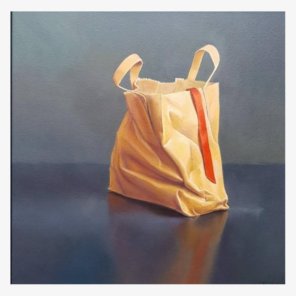 JAMES ECCLESTON ARCA 'PAPER BAG AND RIBBON' 45 X 45 OIL ON CANVAS £750