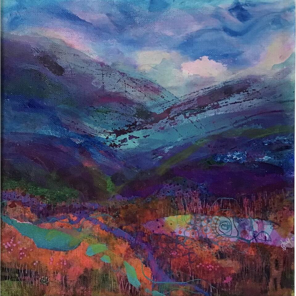 JAN GARDNER RCA 'TOWARDS THE MOUNTAIN' 35 X 35 ACRYLIC ON LINEN £395