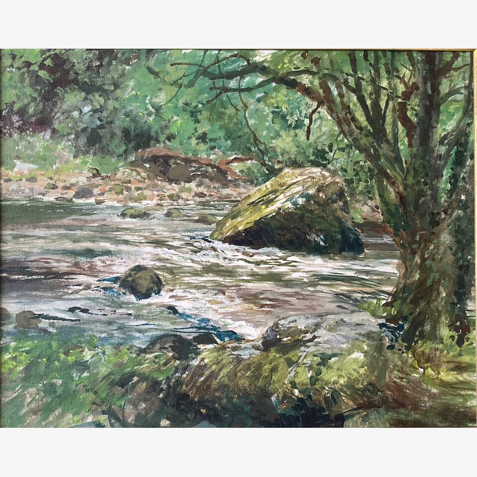 JEREMY YATES RCA 'BOULDER ON THE OGWEN' ACRYLIC 47 X 57 £250