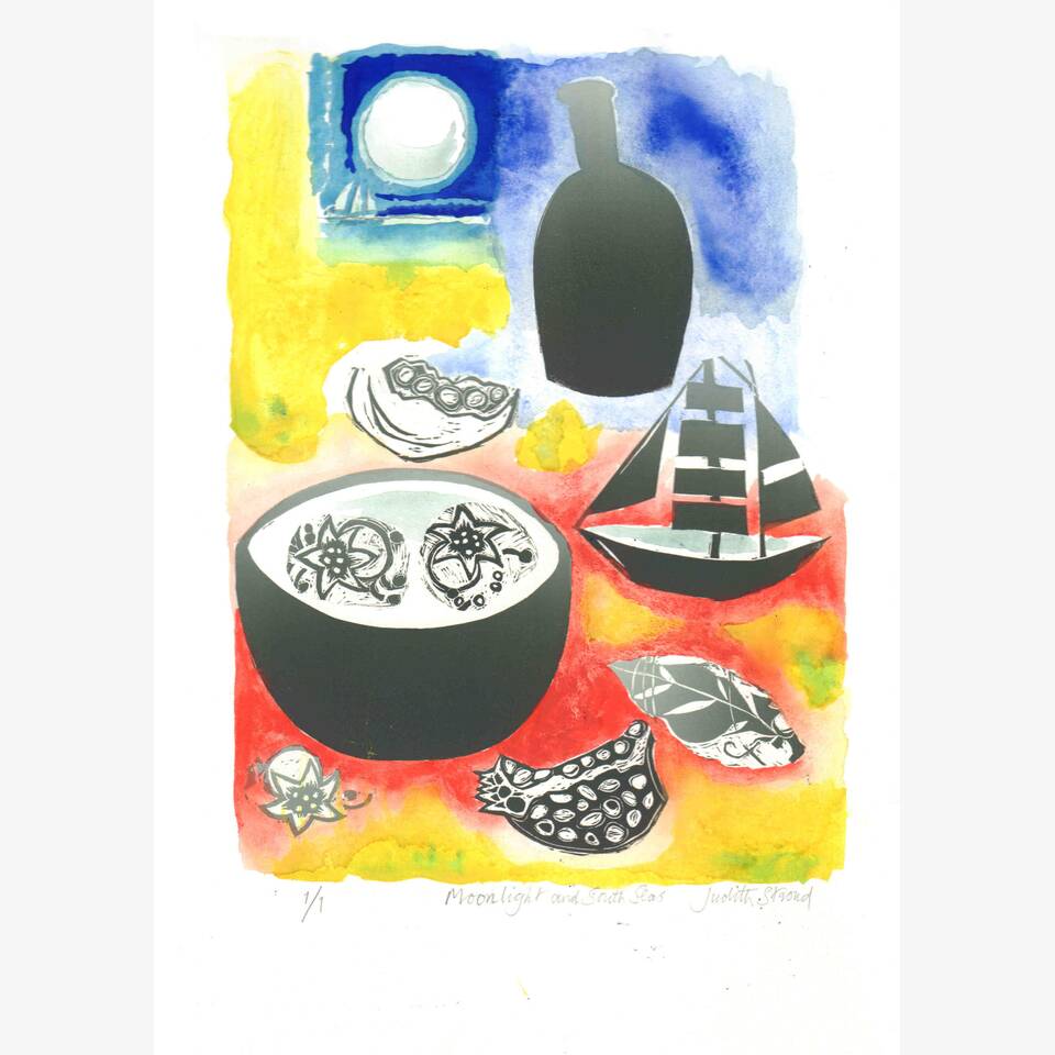 JUDITH STROUD ARCA 'MOONLIGHT AND SOUTH SEAS' 56 X 46 MONOPRINT WITH WATERCOLOUR £175