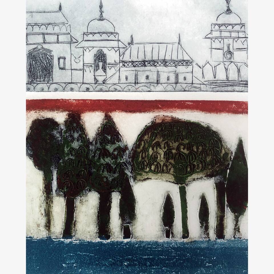 NOELLE GRIFFITHS RCA 'INDIA'  COLLOGRAPH PRINT EDITION OF SIX 41 X 50 CM £175 UNFRAMED £85