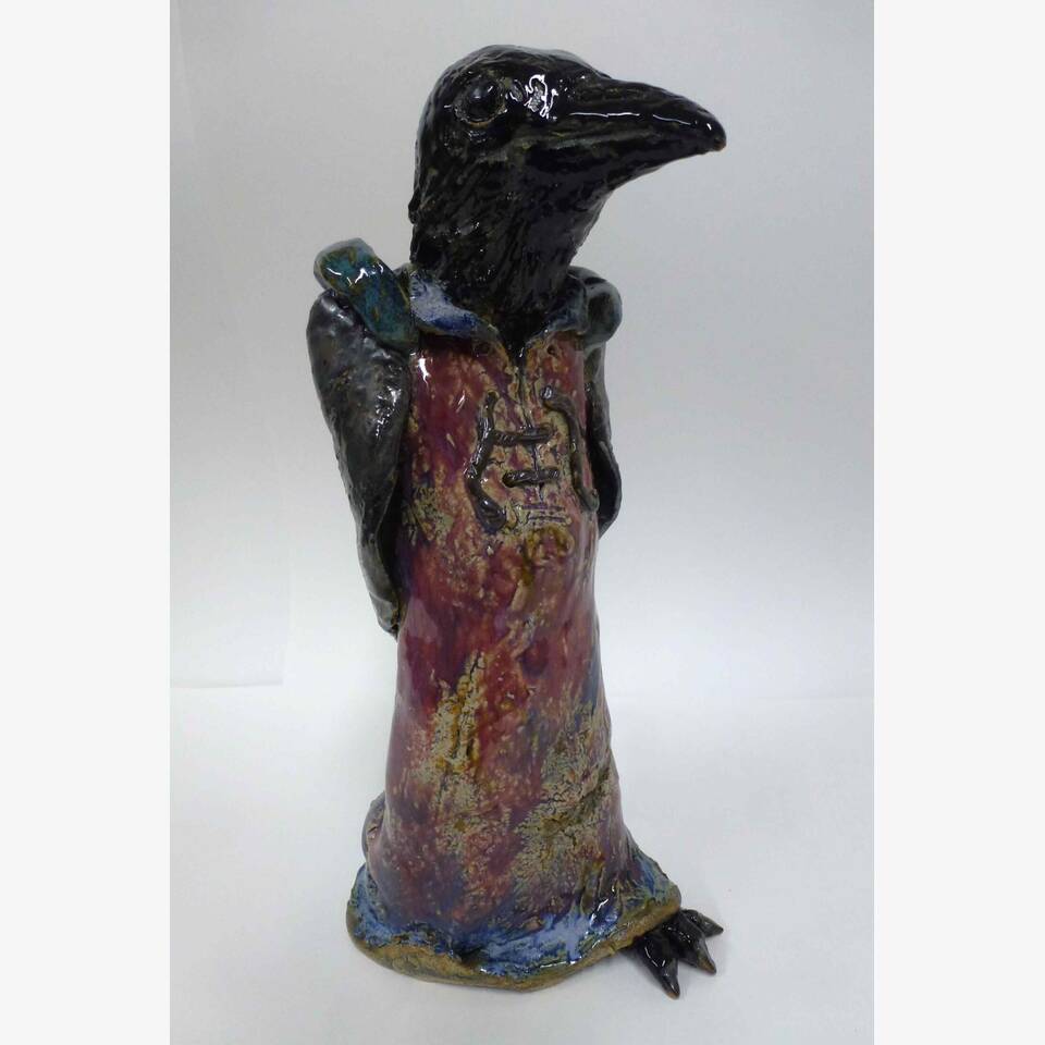 PEA RESTALL RCA 'VIRIDIAN FLEDGES REFLECTIONS ANCESTOR CROW' 31 X 15 2 X 2 STONEWARE CERAMIC £295