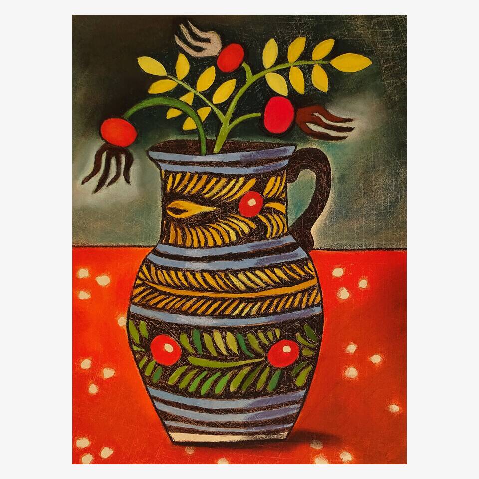 SUSAN GATHERCOLE RCA 'STORIEL JUG AND ROSEHIPS' 36 X 28 CM MIXED MEDIA £695