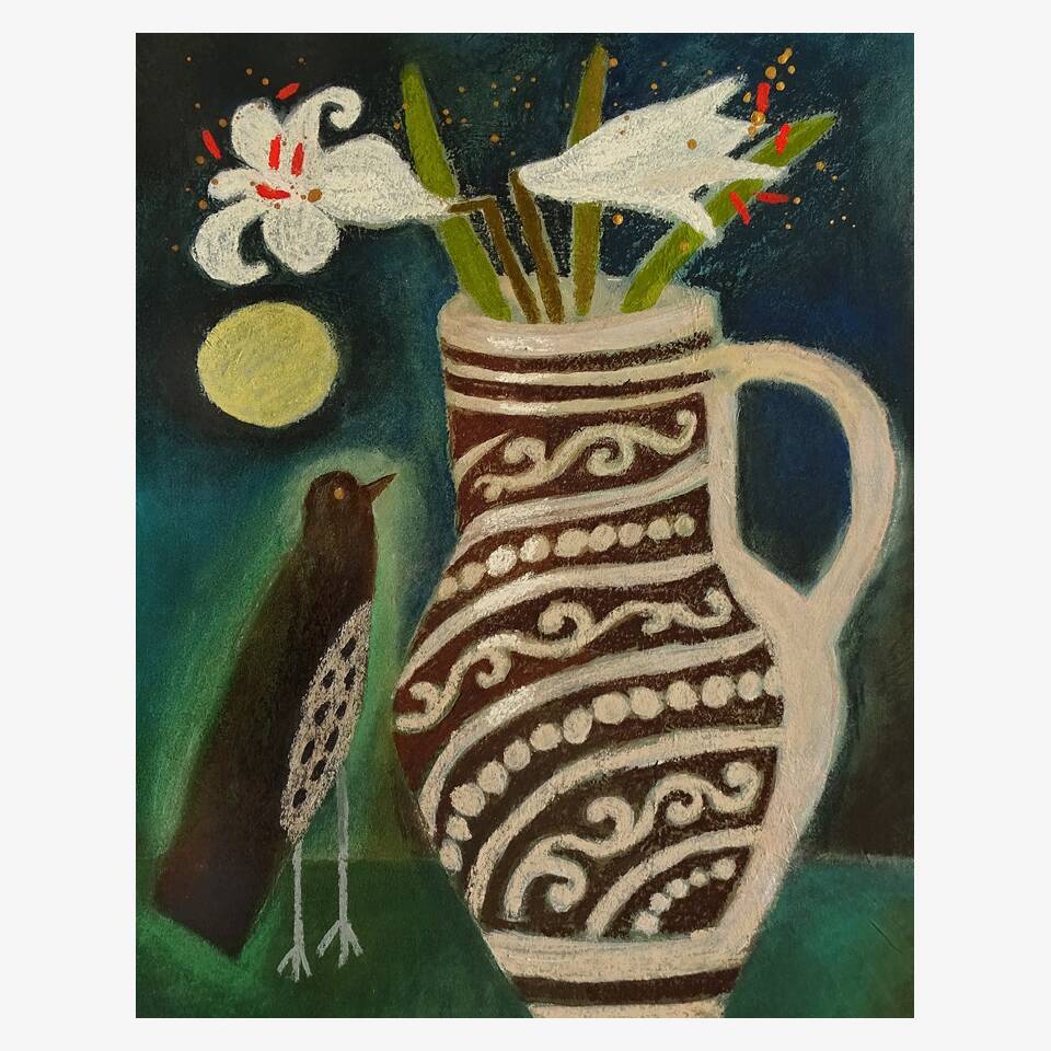 SUSAN GATHERCOLE RCA 'STORIEL JUG WITH LILLIES AND BIRD' 36 X 28 CM MIXED MEDIA £695