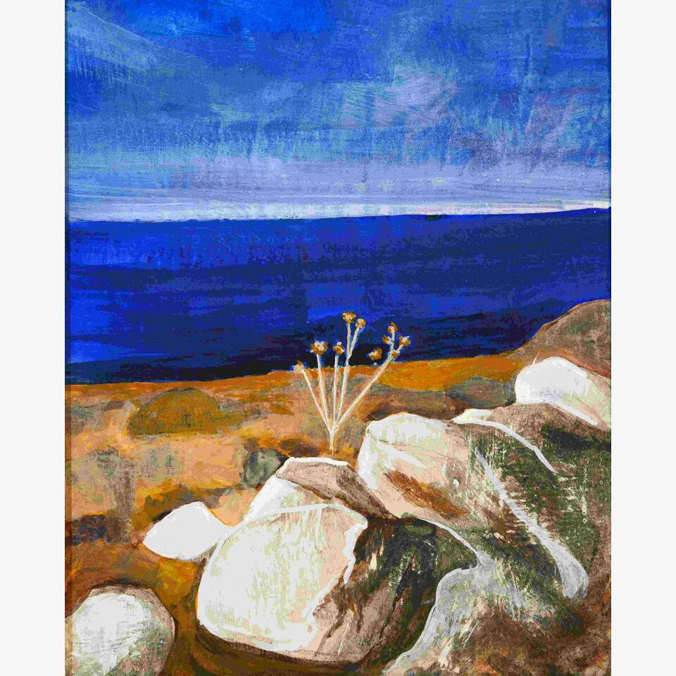 SUSAN LIGGETT RCA 'SKALA ERESOU BEACH '30 X 24 EGG TEMPRA ON GESSO BOARD £380