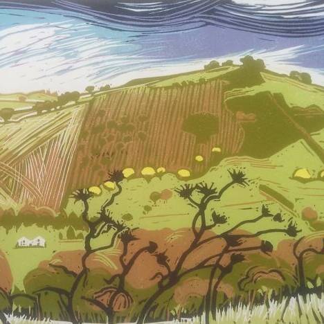 Diane Rose, 'Gorse On The Hillside', torlun leino lleihau / reduction linocut, 42 x 32 cm, SOLD