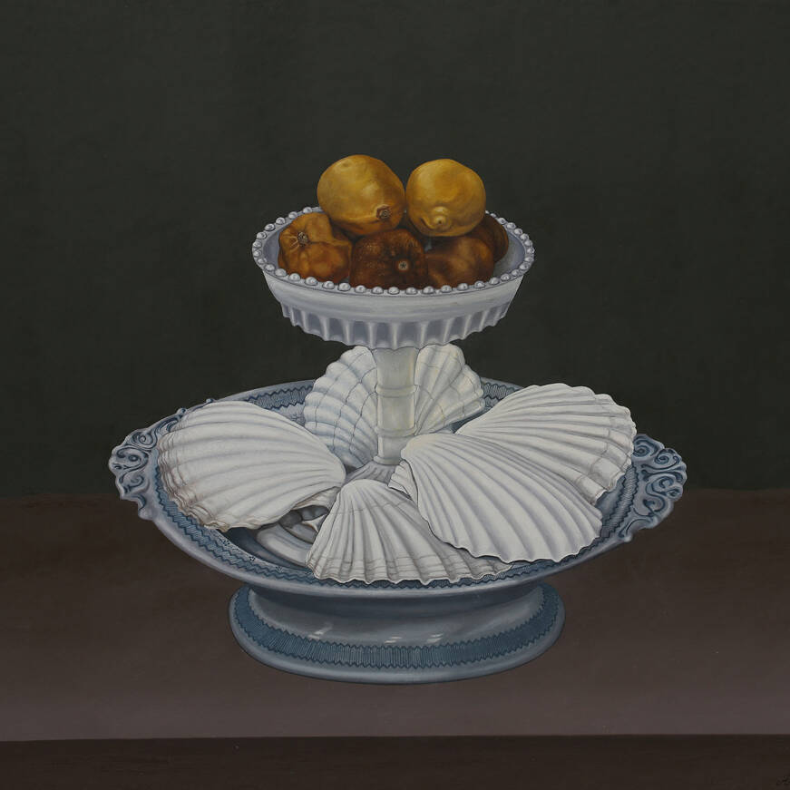 ALAN SALISBURY - DRIED LEMONS AND OYSTER SHELLS, OIL ON BOARD, 51X63CM, £1,950