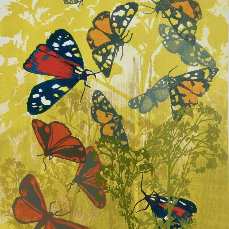 JULIA MANNING 'CINNABAR AND CREAM SPOTS' UNFRAMED 62 X 45 WOOD AND LINOCUTS £395