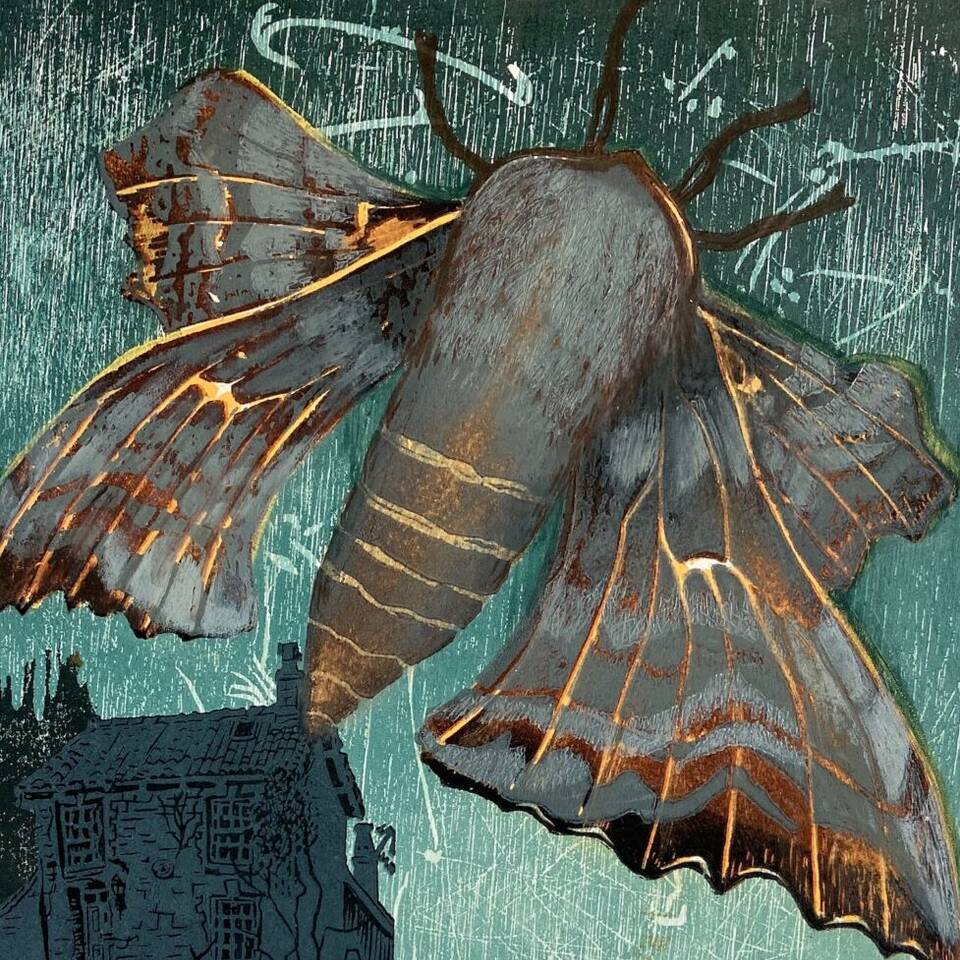 JULIA MANNING 'GARDEN HAWKMOTH'  30 X 30 WOOD AND LINOCUT FRAMED £250