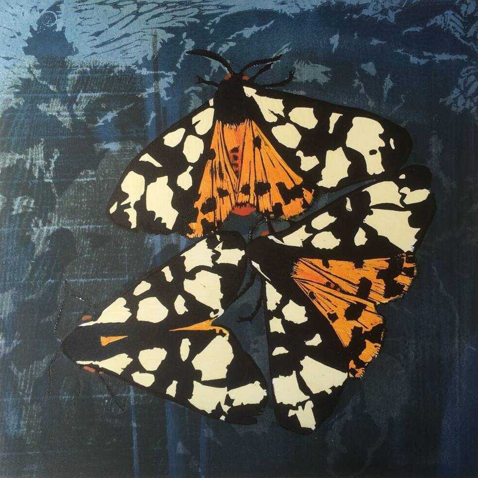 JULIA MANNING 'MY GARDEN CREAM SPOTS'  45 X 45 WOOD LINO CUTS £395